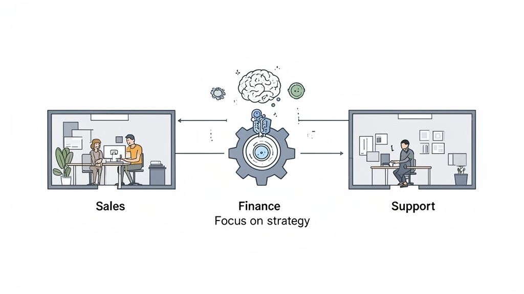 Illustration of business process automation connecting Sales, strategic Finance, and Support departments efficiently.