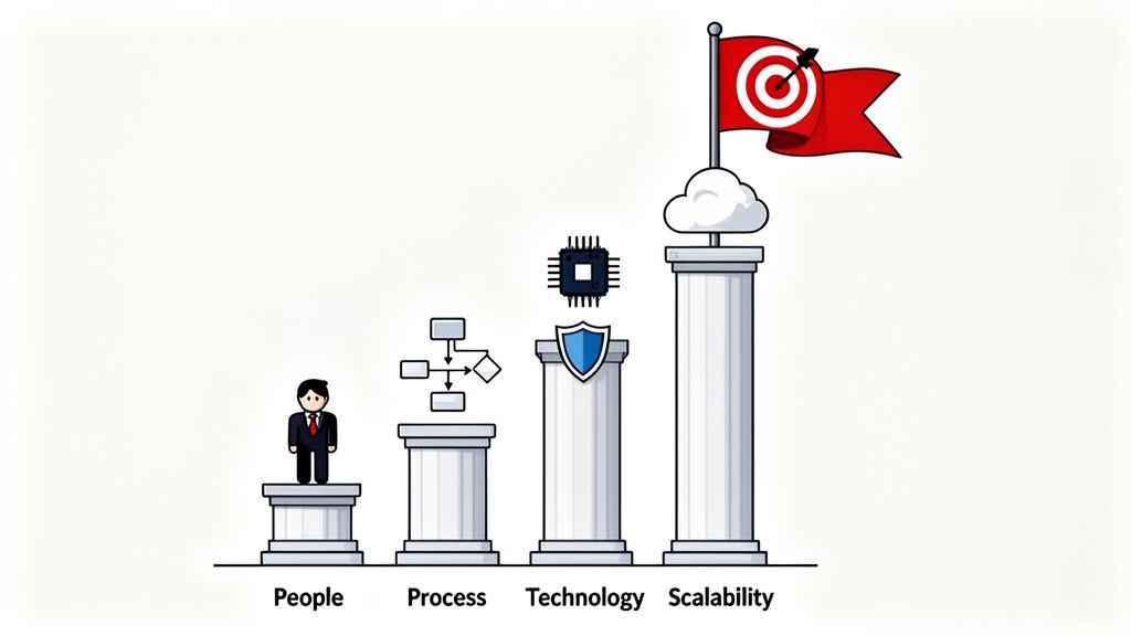 Four pillars representing People, Process, Technology, and Scalability, supporting a target flag with a cloud.