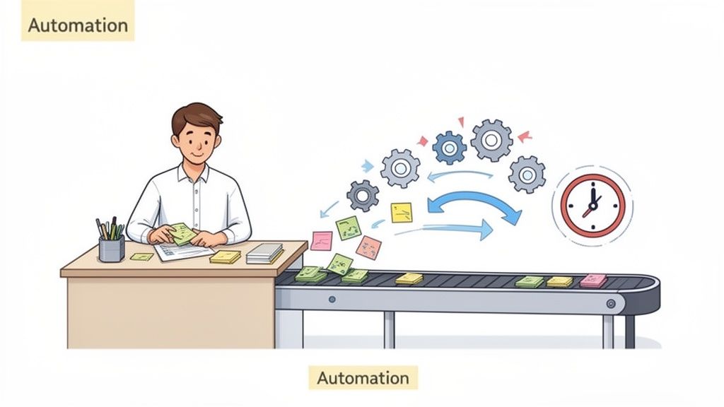 Illustration of a man using automation to streamline document processing on a conveyor belt, improving efficiency.