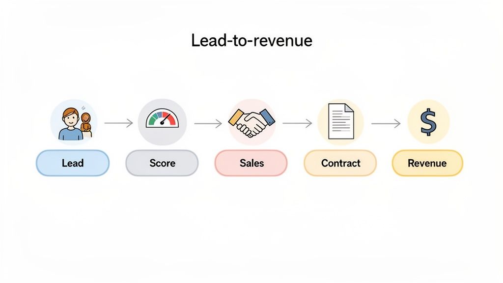 A diagram illustrating the lead-to-revenue process flow with five distinct stages: Lead, Score, Sales, Contract, and Revenue.