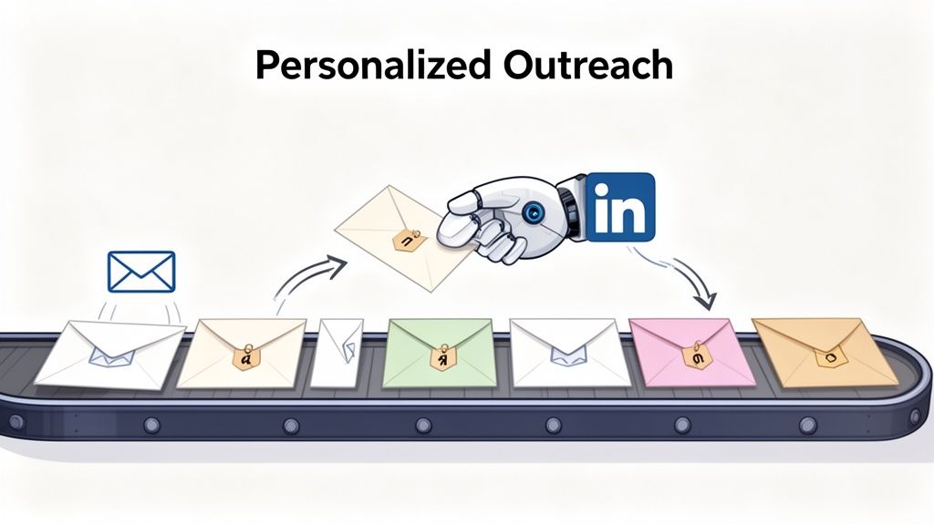 An illustration of personalized outreach with a robotic hand and LinkedIn logo processing tagged emails on a conveyor belt.