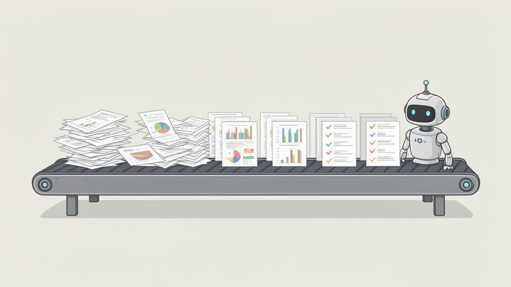 A robot on a conveyor belt processing documents, transforming messy stacks into organized charts and checklists.