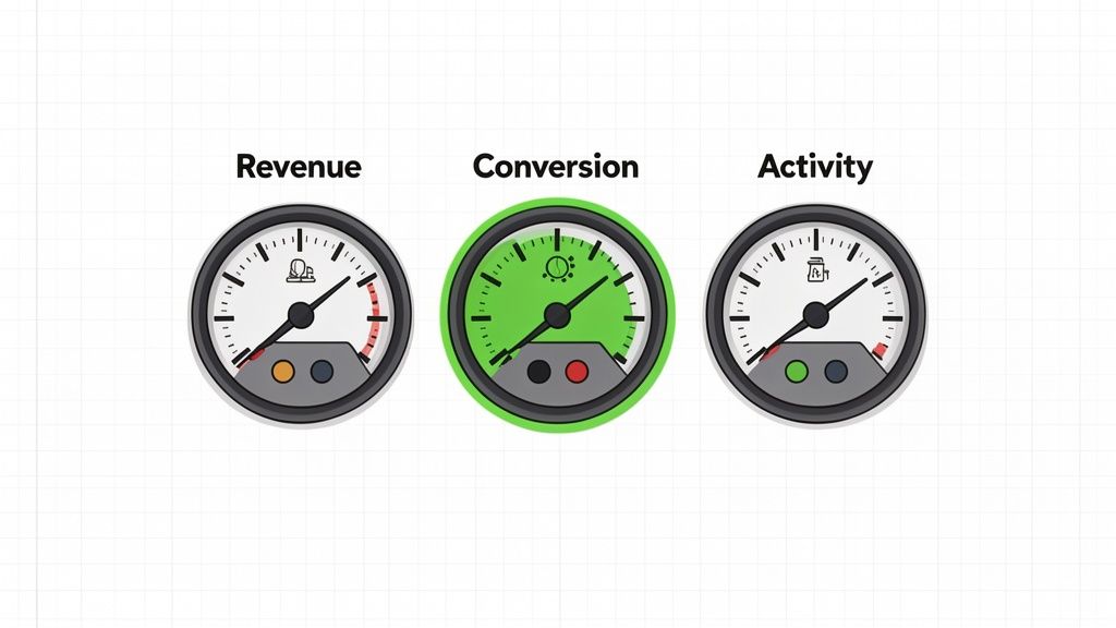 Dashboard illustration showing three KPI gauges for Revenue, Conversion (high), and Activity performance metrics.