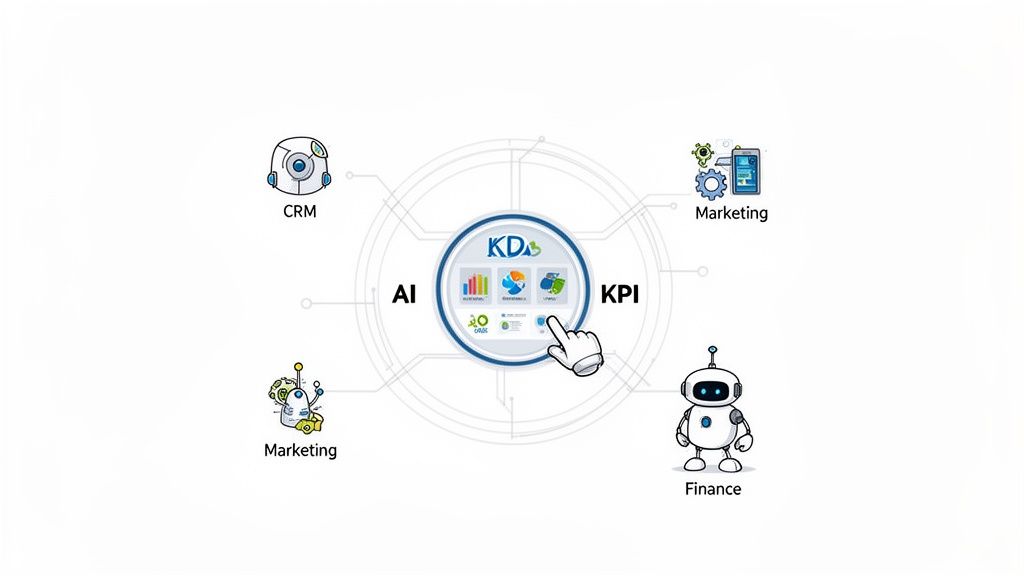 An illustration of KD's AI and KPI platform integrating with CRM, Marketing, and Finance robots.