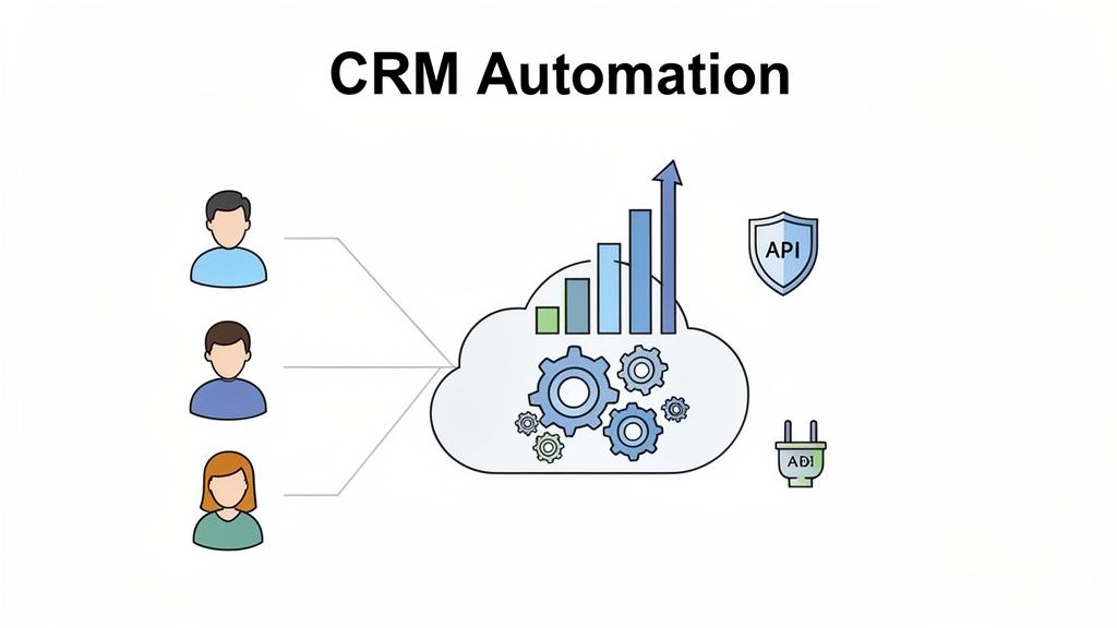 Diagram illustrating CRM automation, showing users, cloud processing, analytics, and API integrations.