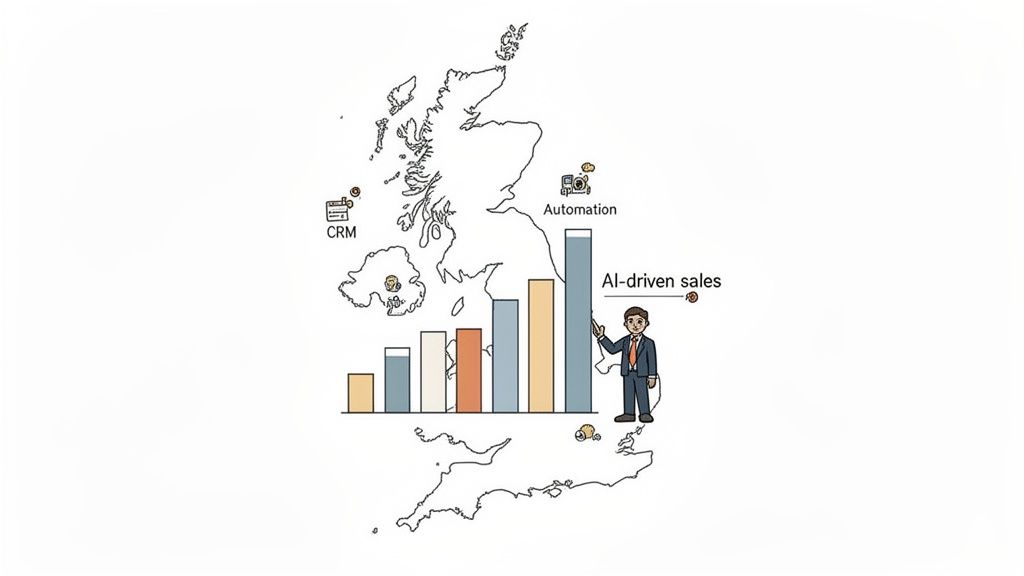 Illustration of the UK map showing growth in AI-driven sales, automation, and CRM platforms.