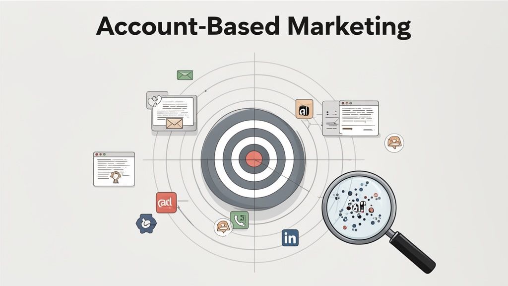 An illustration of Account-Based Marketing with a target, surrounded by icons representing digital marketing tools and channels.