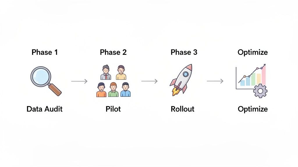 A four-step process for sales forecasting: data audit, pilot, rollout, and optimization.