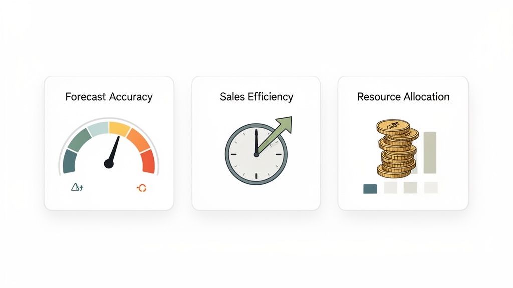 Three cards displaying business metrics: forecast accuracy, sales efficiency, and resource allocation.