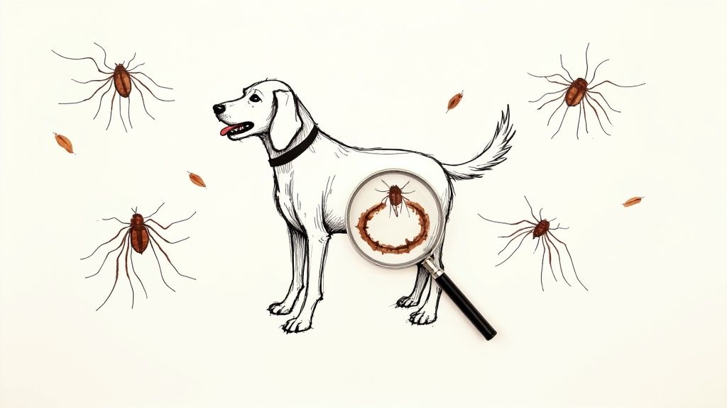 A close-up of a golden retriever dog scratching its ear with its hind paw, showing signs of itching and discomfort.