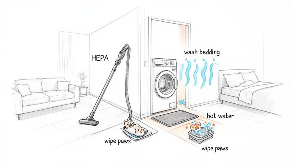 A diagram illustrating a pet-friendly home cleaning routine including vacuuming, washing bedding, and wiping cat paws.