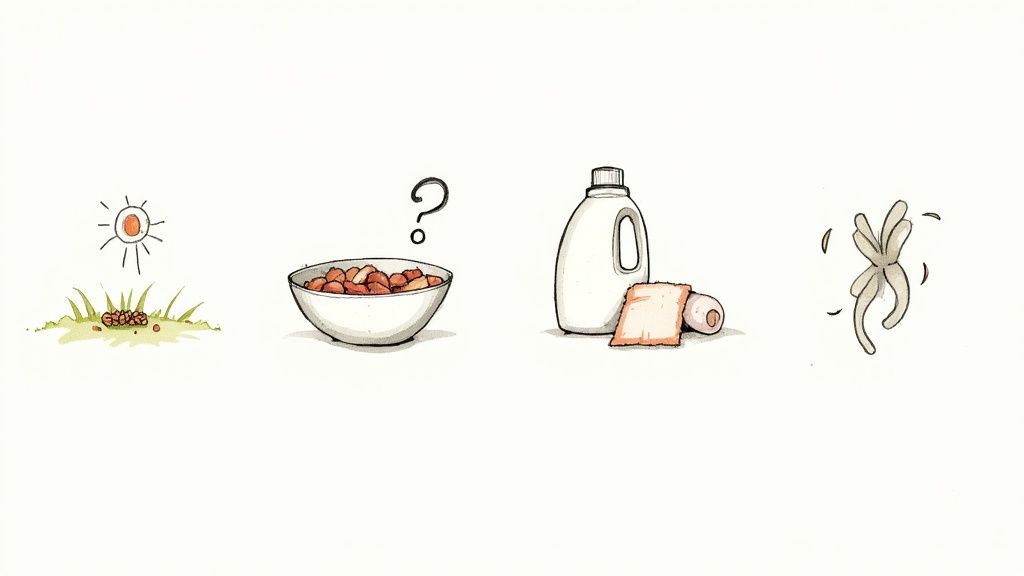 A golden retriever dog scratching its neck with a concerned look.