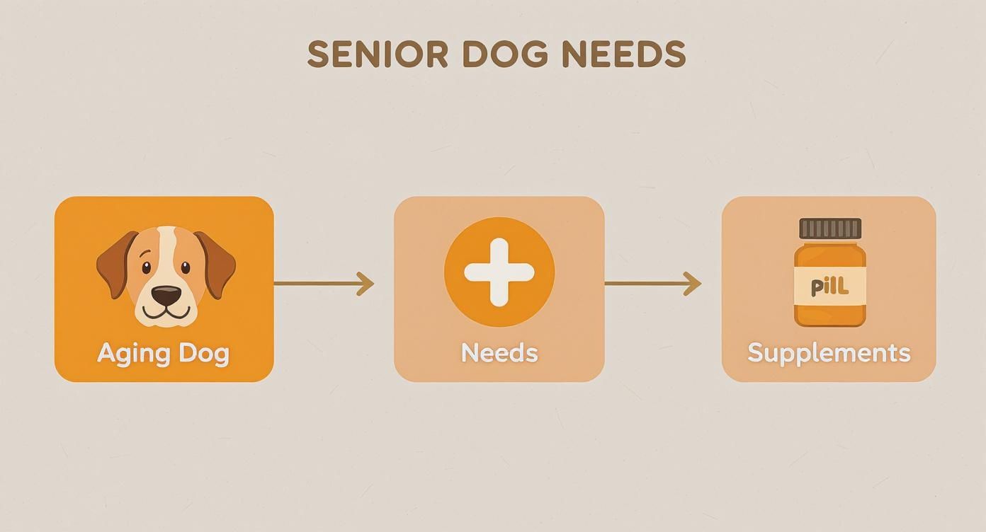 Infographic showing aging dog needs plus sign leading to pill bottle supplements workflow diagram