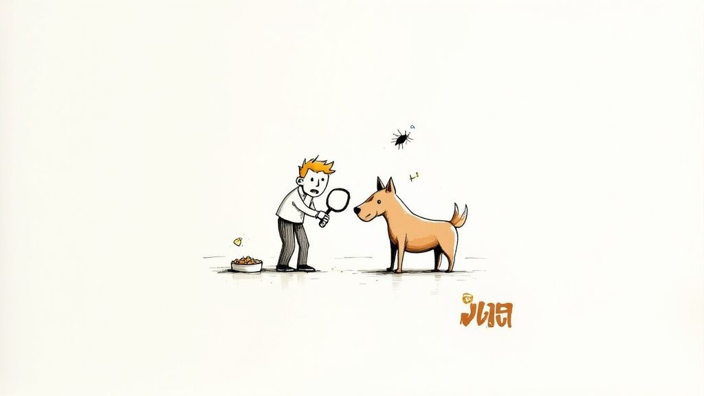 A beagle dog scratching its ear with its hind leg, looking concerned.