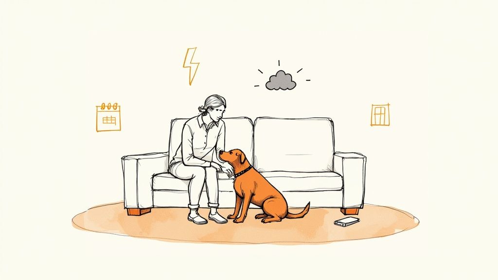 A person sits on a couch, looking at a loyal dog in a comforting interaction. Icons like lightning and cloud hover.
