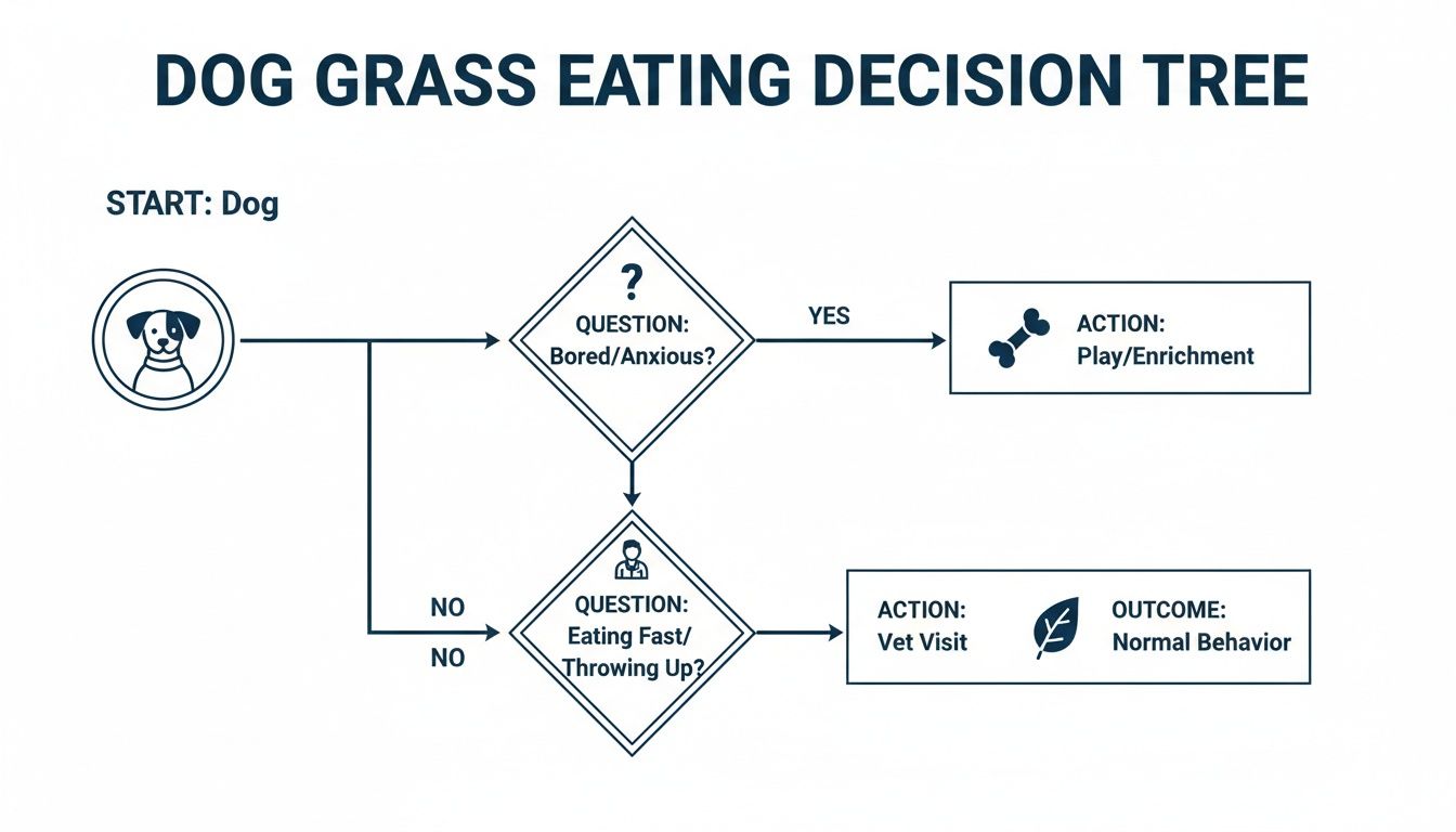 Flowchart outlining a dog grass eating decision tree, guiding owners based on dog behavior.
