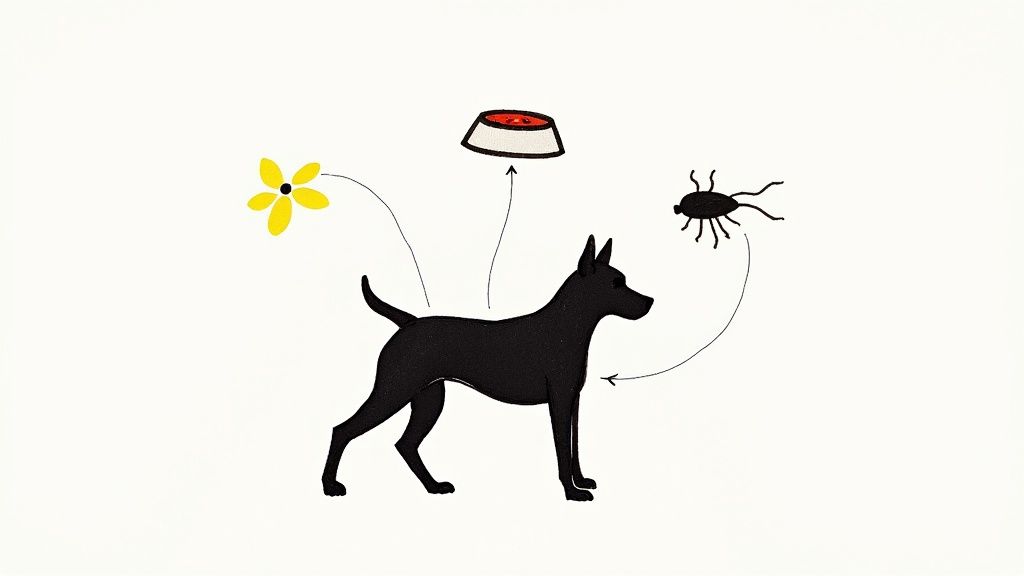 A golden retriever dog scratching its neck with its hind paw, looking uncomfortable.