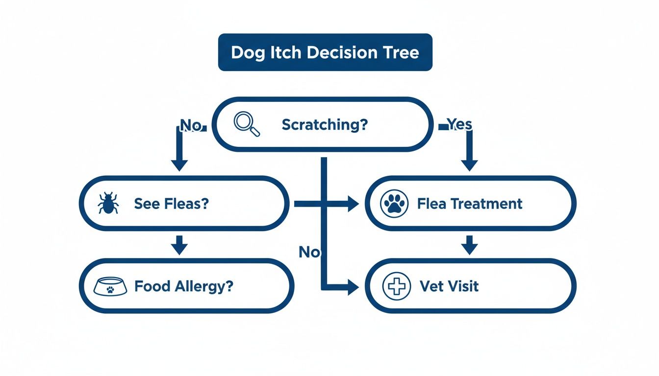 A dog itch decision tree flowchart guiding pet owners through diagnosing and treating dog itching.