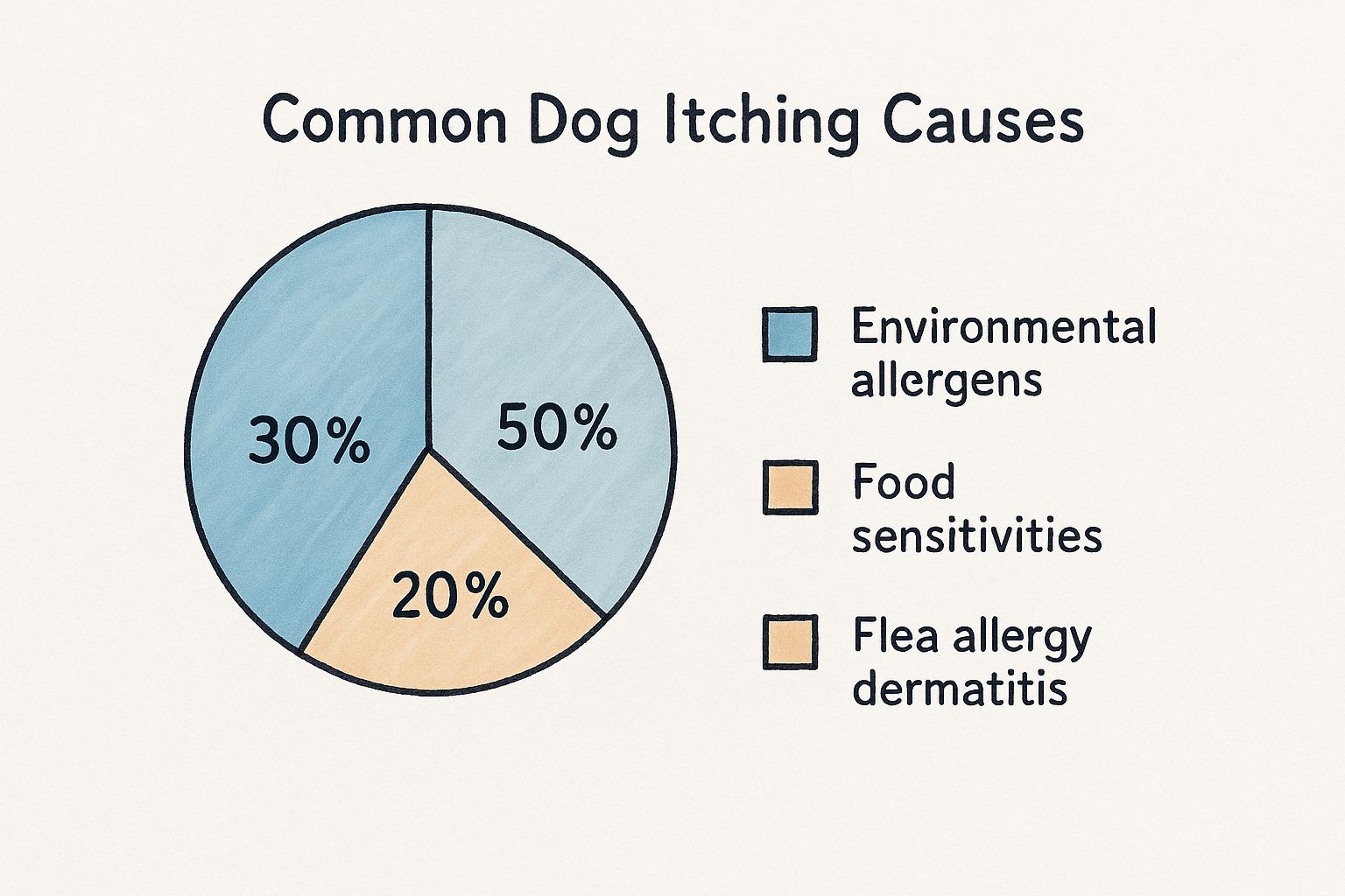 Infographic showing the common causes of dog itching: 50% environmental allergens, 30% food sensitivities, and 20% flea allergy dermatitis.