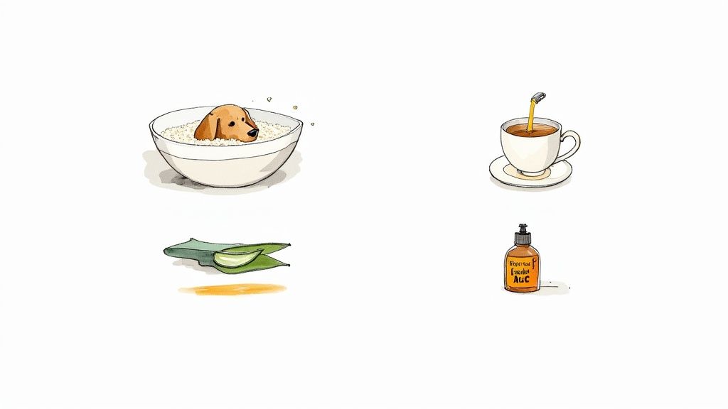 A dog getting a gentle bath with oatmeal to soothe its itchy skin.