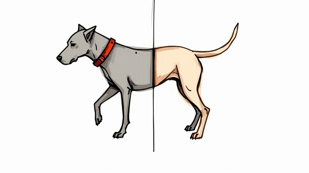 A dog and its owner looking at each other affectionately during a walk.