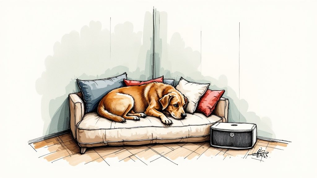 A cosy corner of a room with a soft, plush dog bed, blankets, and a few favourite toys, creating a safe den-like space.