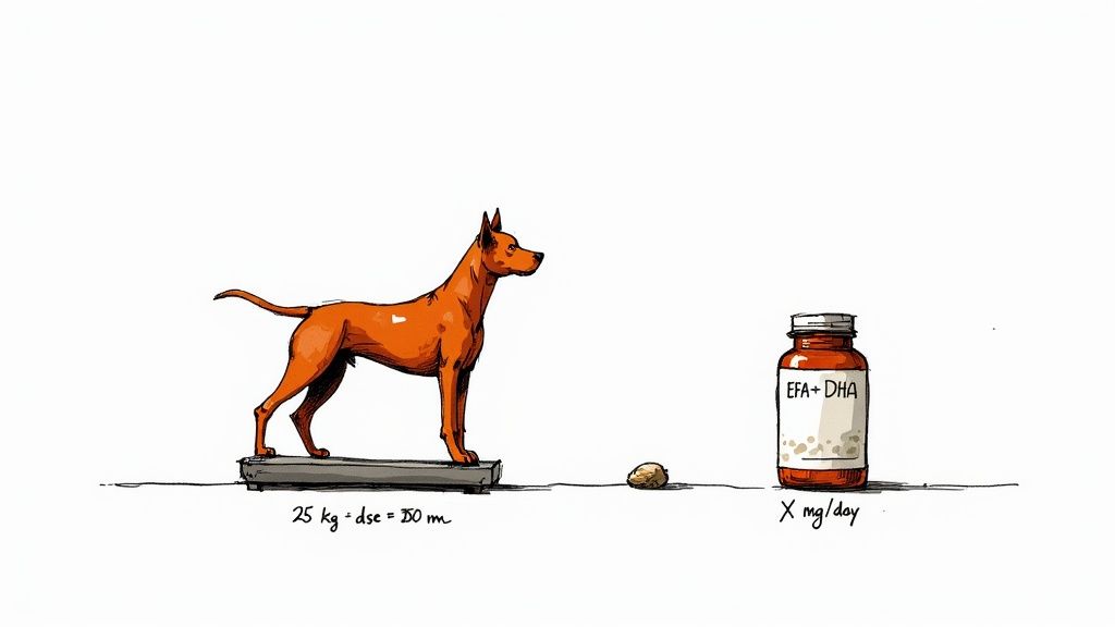 A person carefully measuring an omega 3 dog food supplement into a dog's food bowl.