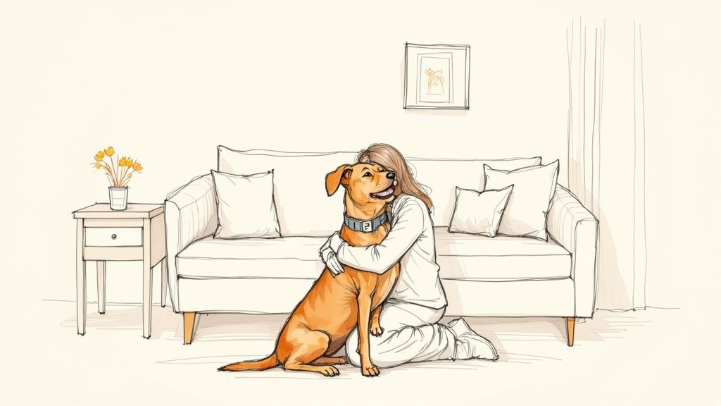 An illustration of a woman embracing her happy golden-brown dog in a cozy living room.