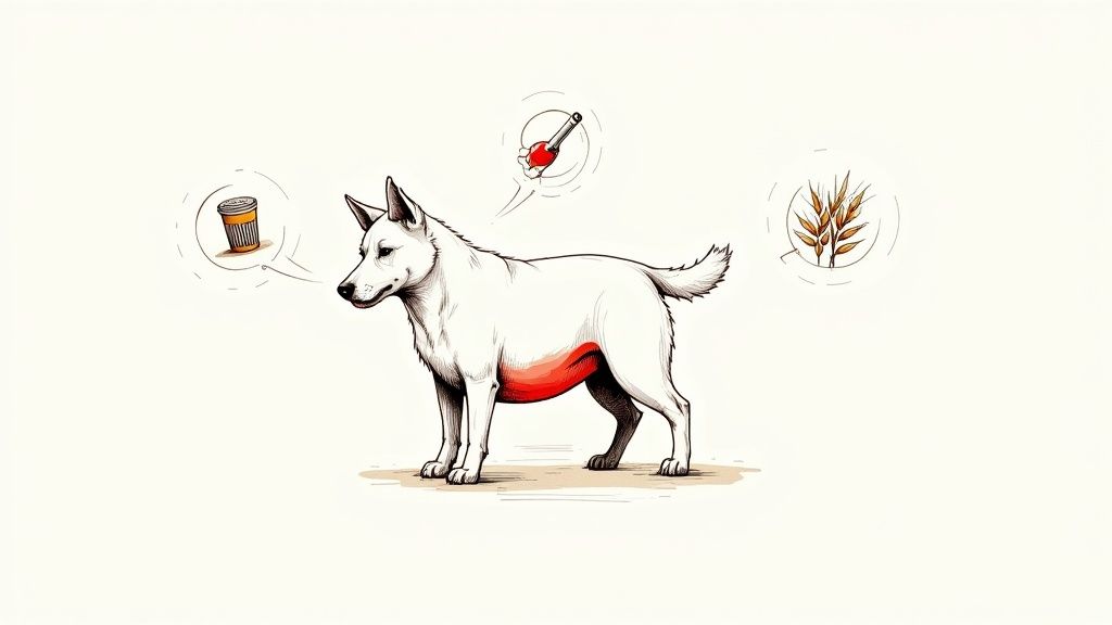 A curious dog sniffing at an overturned rubbish bin on the kitchen floor.