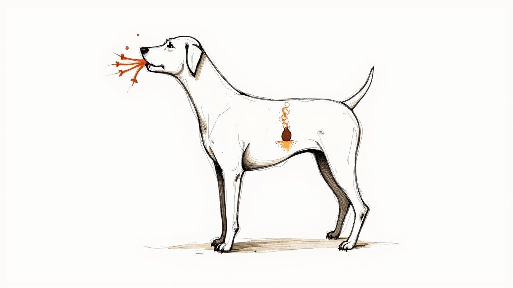 A concerned dog owner checks on their sick golden retriever lying on the floor.