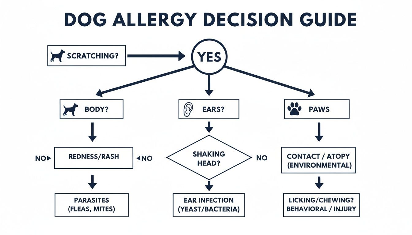 Flowchart detailing dog allergy diagnosis, starting with scratching, then examining body, ears, or paws for specific issues.