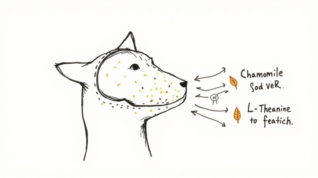 A dog looking relaxed while its owner strokes its head.