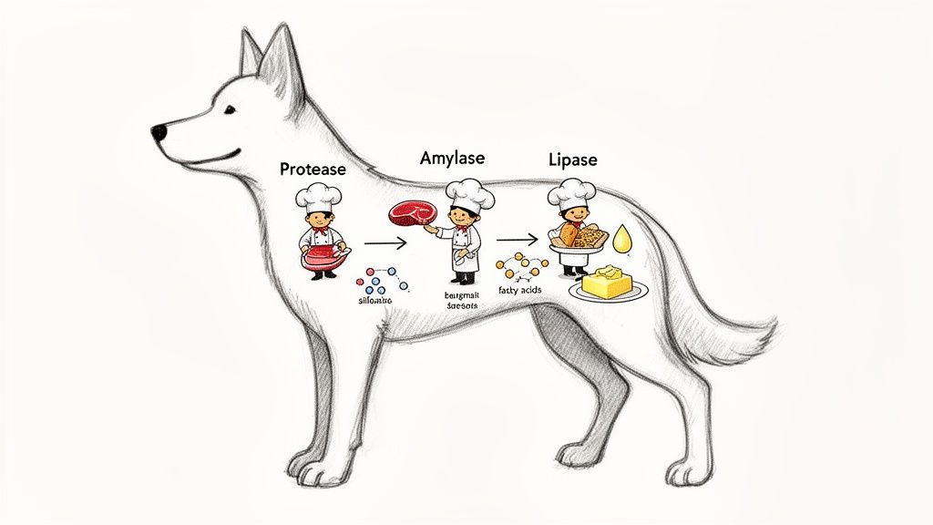 Illustration of a dog showing digestive enzymes: protease, amylase, and lipase breaking down food.