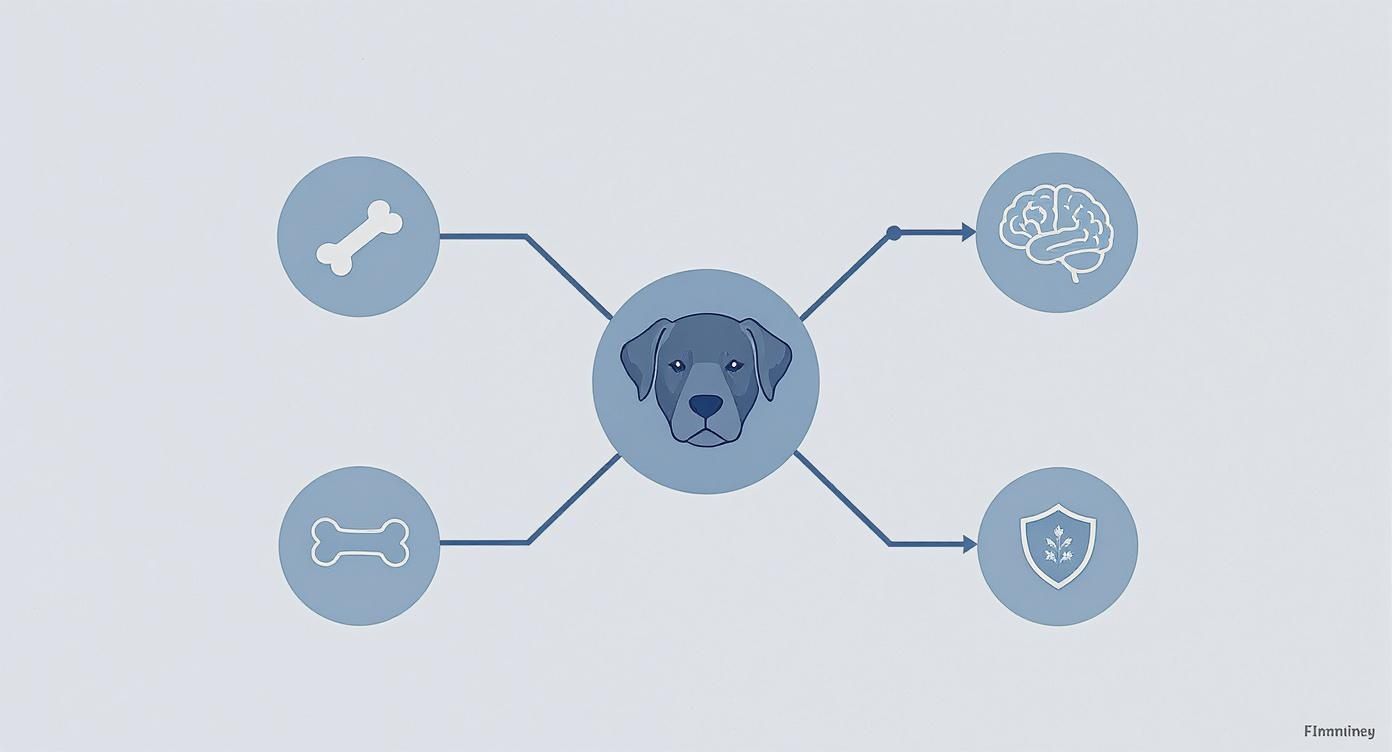 Diagram showing dog health care connections including bones, brain, nutrition and immunity supplements