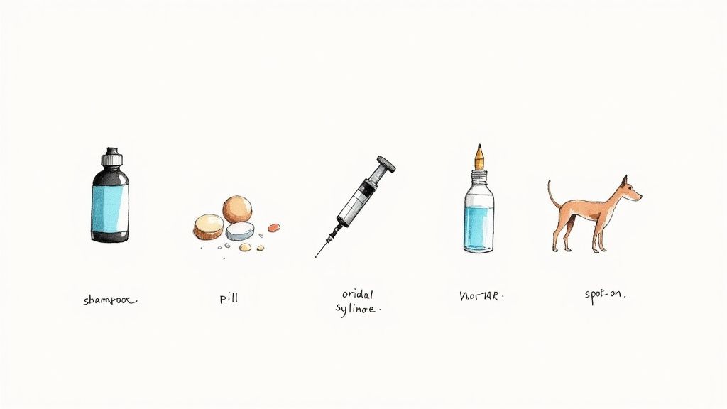 Watercolor illustrations depicting various dog care items: shampoo bottle, pills, oral syringe, liquid medicine bottle, and a dog with a 'spot-on' label.
