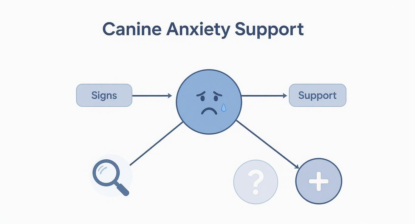 A flowchart titled 'Canine Anxiety Support' illustrating signs, support, diagnosis, and interventions for dog anxiety.
