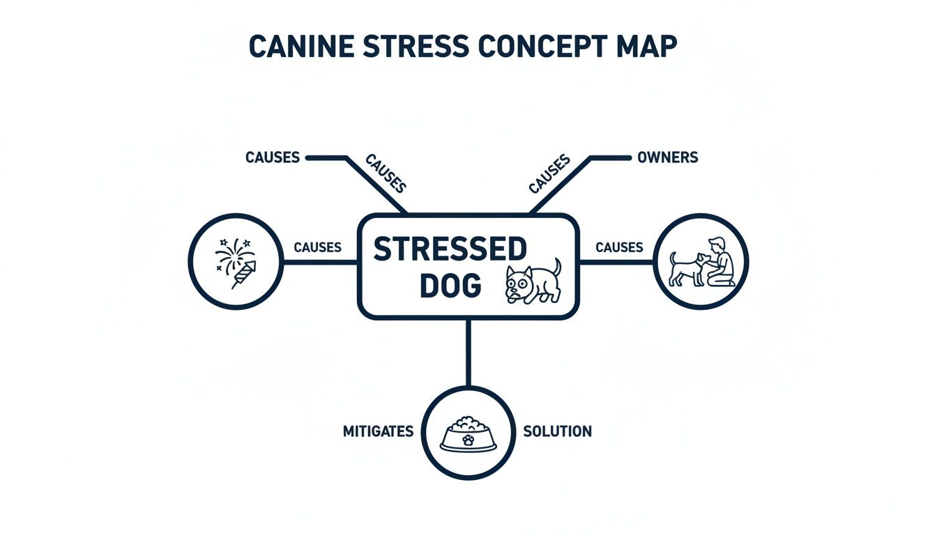 A concept map illustrating causes of stress in dogs (fireworks, owners) and a food bowl as a solution.