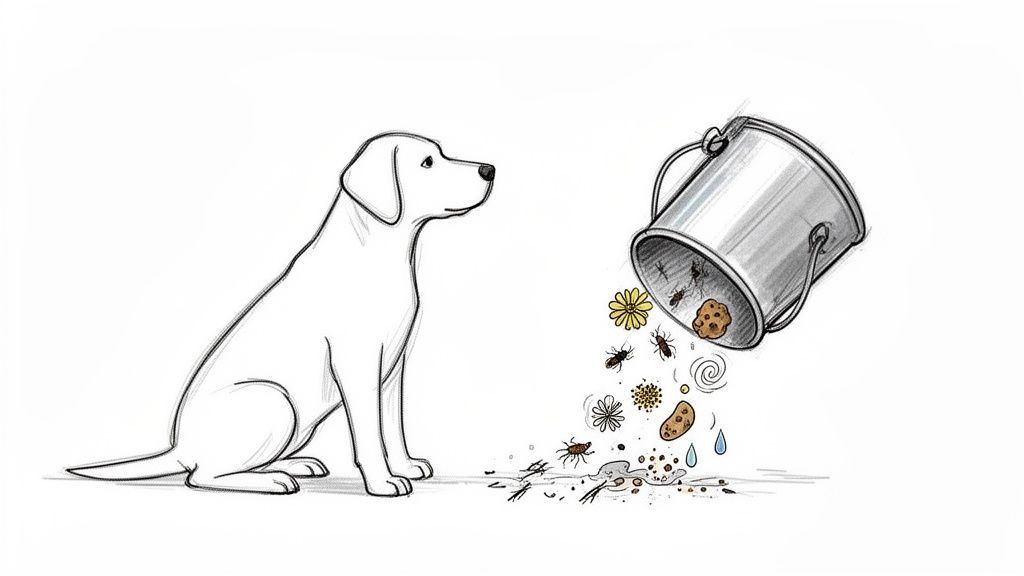 A sketch of a dog watching a metal bucket spilling a messy mix of bugs, dirt, and flowers.