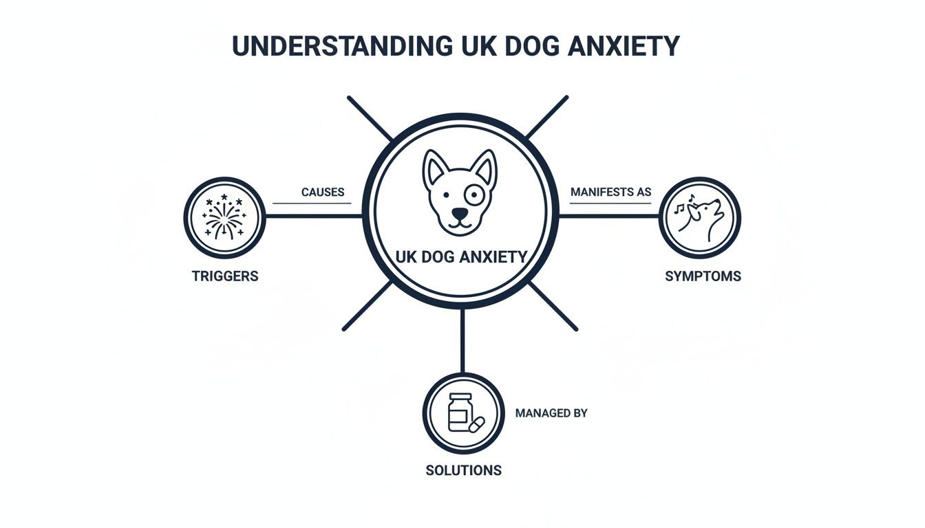 Infographic showing UK dog anxiety, outlining triggers, symptoms, and management solutions.