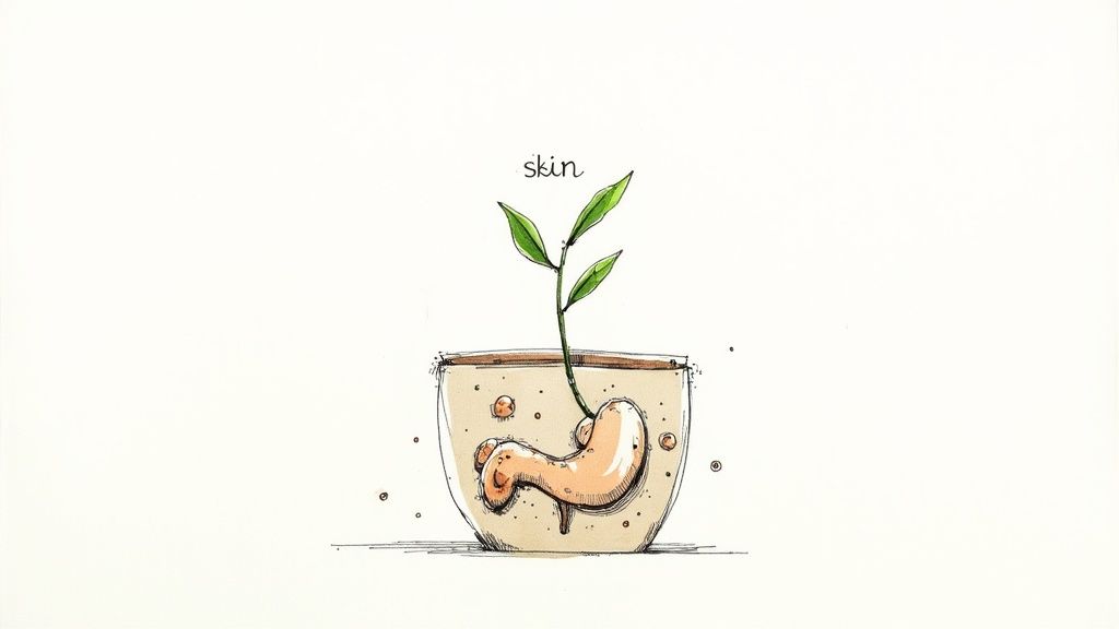 Conceptual illustration of plant growing from seed in soil representing skin health and natural growth
