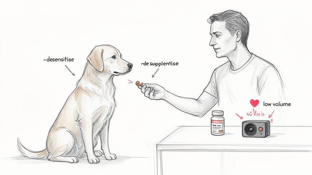 A man offers a dog a supplement for desensitization to help reduce anxiety with low volume sounds.
