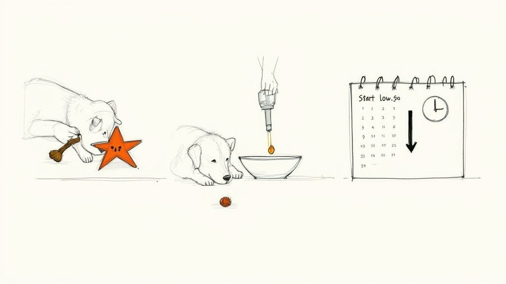 A dog happily taking a supplement hidden in a treat from its owner's hand.