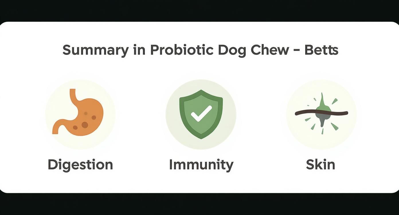 Summary of Probiotic Dog Chew benefits, including Digestion, Immunity, and Skin health, with icons.