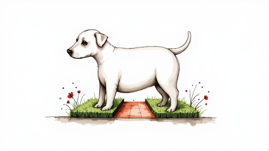 A charming cartoon illustration of a white dog standing on green grass with a small path.