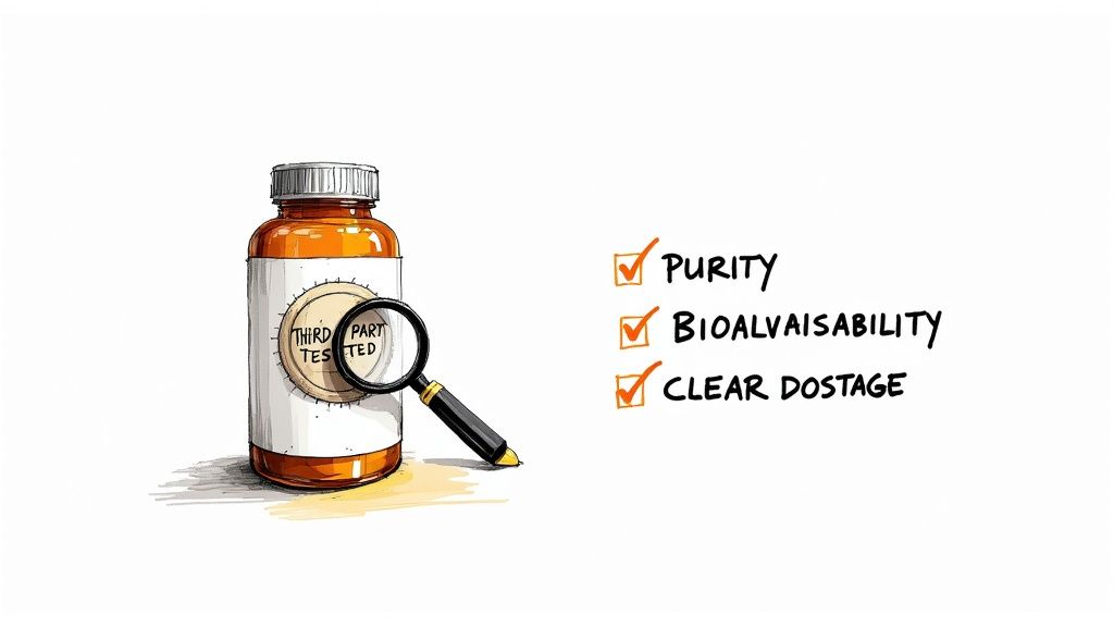 A person carefully reading the label on a dog supplement bottle