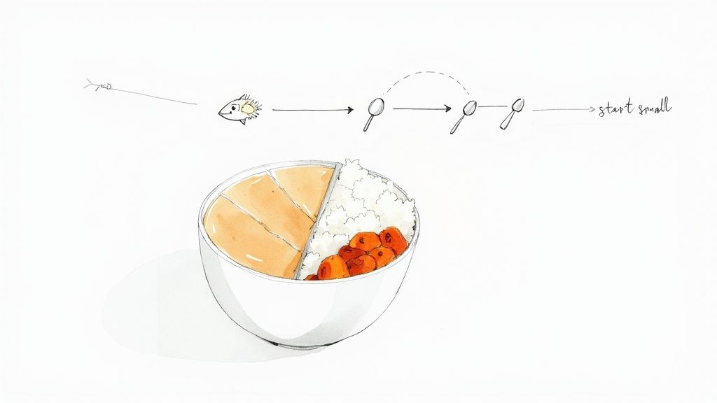 Watercolor illustration demonstrating 'start small' with a fish, spoons, and a healthy partitioned meal.