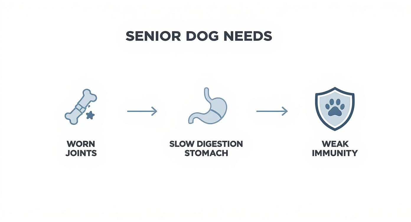 Infographic detailing senior dog needs including worn joints, slow digestion stomach, and weak immunity.