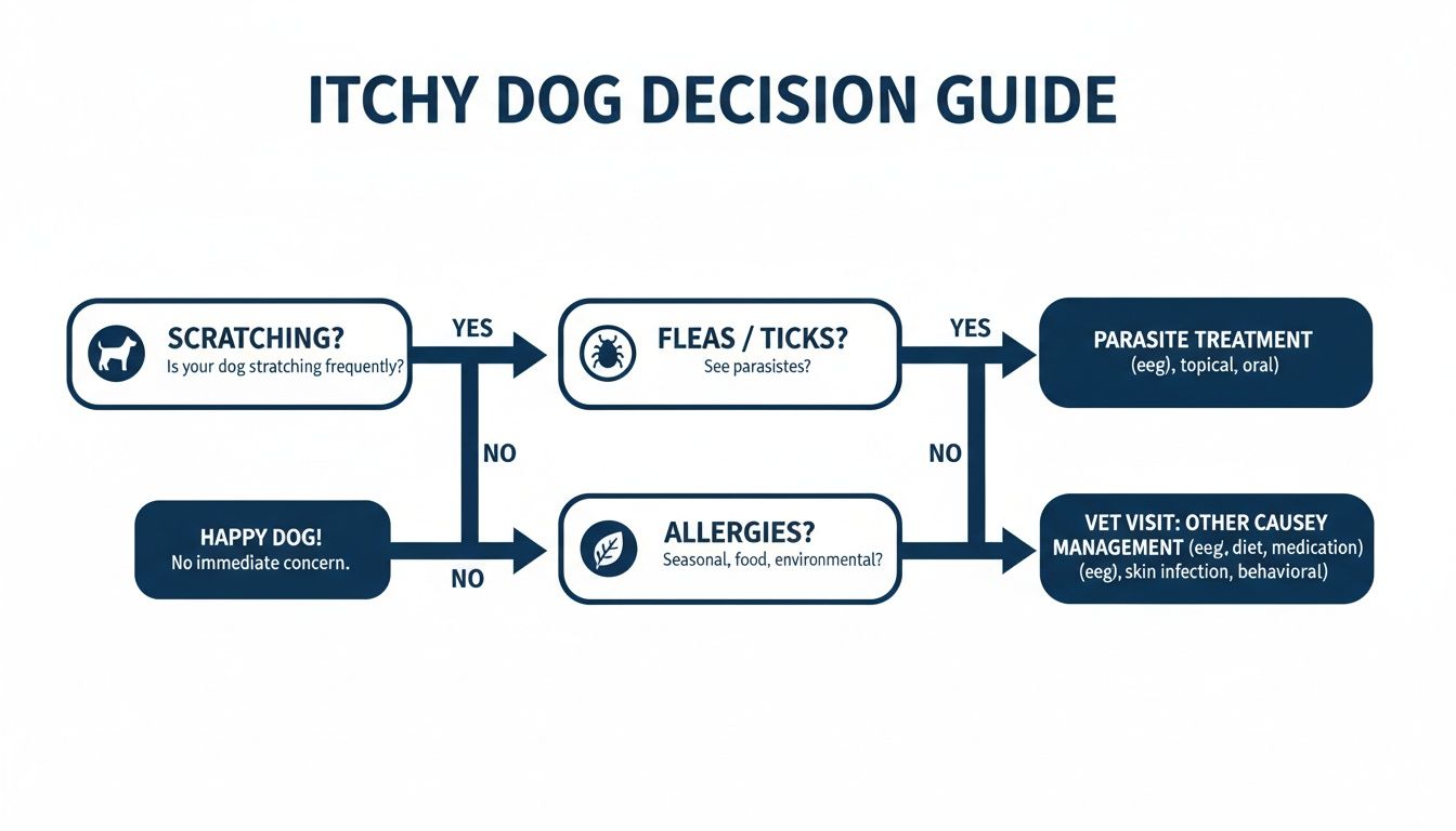 Decision guide flowchart helps dog owners diagnose and treat their itchy dog's scratching.