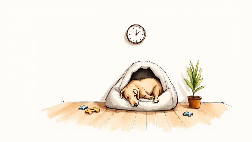 A golden dog peacefully sleeps in a soft bed on a wooden floor, with a clock and plant.
