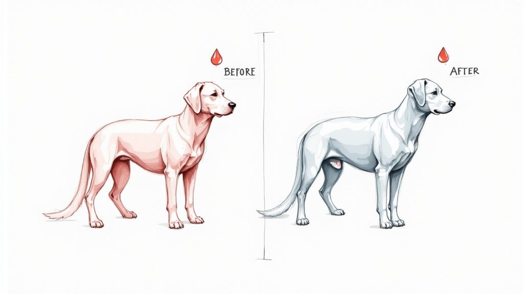 Illustration comparing two dogs: one reddish 'BEFORE' and one white 'AFTER', both with a red drop symbol.